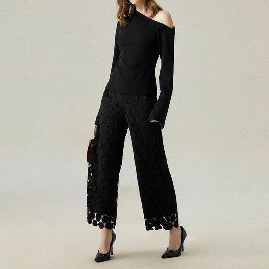 2024 Spring Elegant Solid Irregular Pants Women Sexy Hollow Out Straight Trousers Autumn High Waist Office Ladies Pants Harajuku