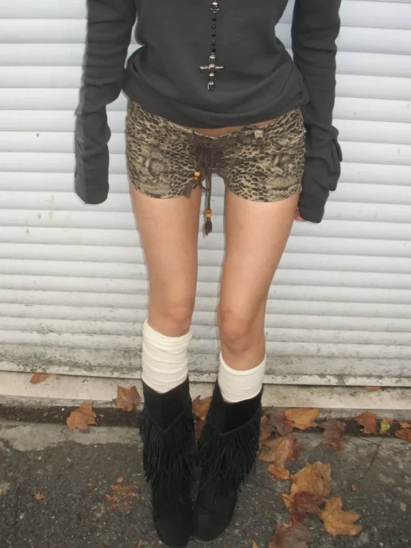 2000s Vintage Y2k Pants Lowwaisted Lace Up Ropa Mujer Summer New Aline Wide Leg American Vintage Washed Leopard Print Shorts
