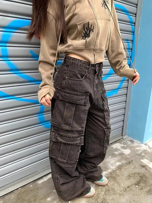 Vintage Oversize Cargo Jeans Women 90s Streetwear Fashion Pockets Do Old Wide Leg Denim Pants Hip Hop Slouchy Trousers