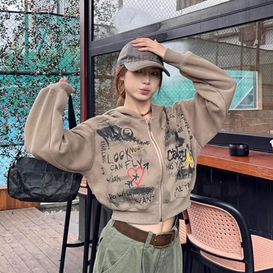 Y2K Vintage Hooded Sweatshirt Women Spring New Letter Print Zipper Jacket American Retro Streetwear Crop Tops Female Coat
