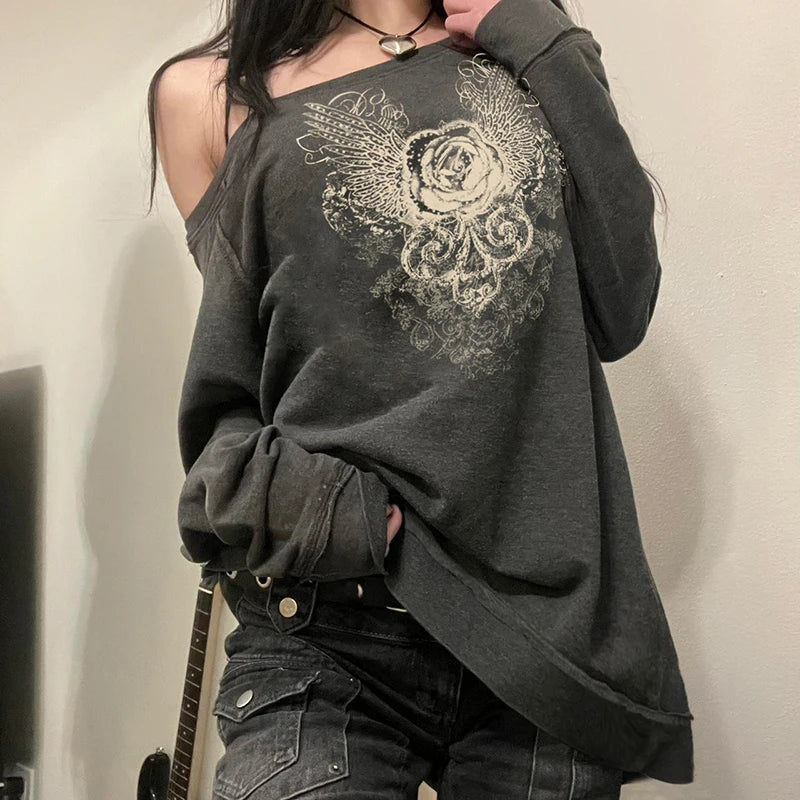 Women Graphic Print Slanted Collar Pullovers Y2K Street Outfits Harajuku Fashion Sweatshirt Grunge Style Retro Top