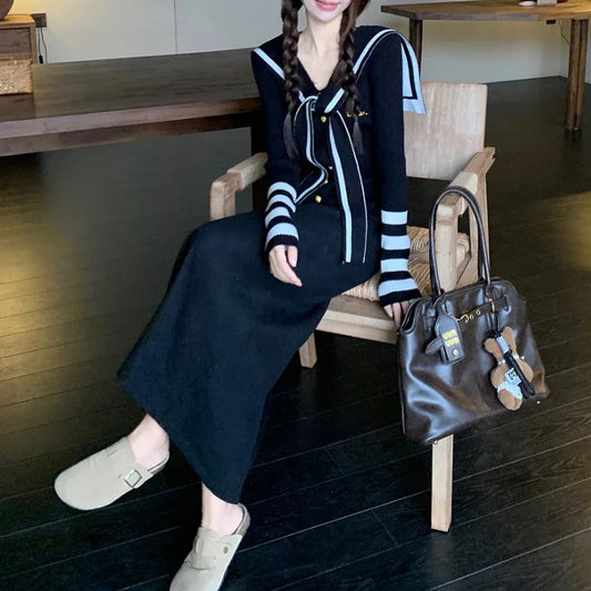 Autumn New Japanese Contrast Color Patchwork Laceup Long Sleeve Cardigan Women + Loose Knitted Aline Skirt Twopiece Suit