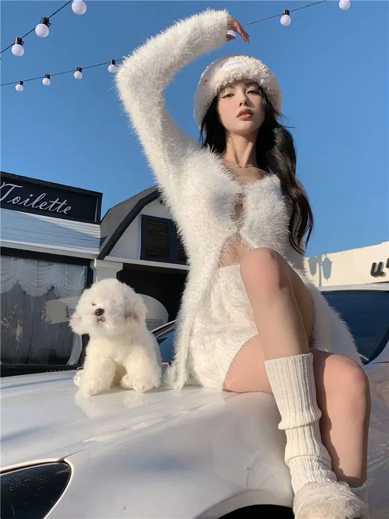 Sweet hot girl pure sexy suit women's autumn knitted cardigan high waisted slim fit shorts twopiece set fashion female clothes