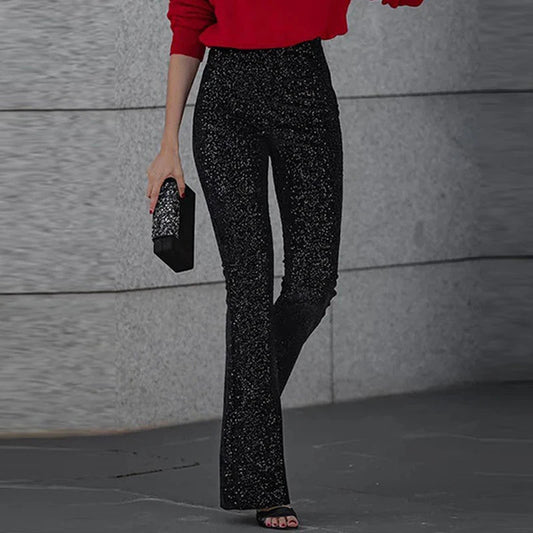 2024 Spring Glitter Sequin Shiny Party Pants Women Elegant High Wiast Slim Flare Trousers New Autumn Fashion Solid Straight Pant