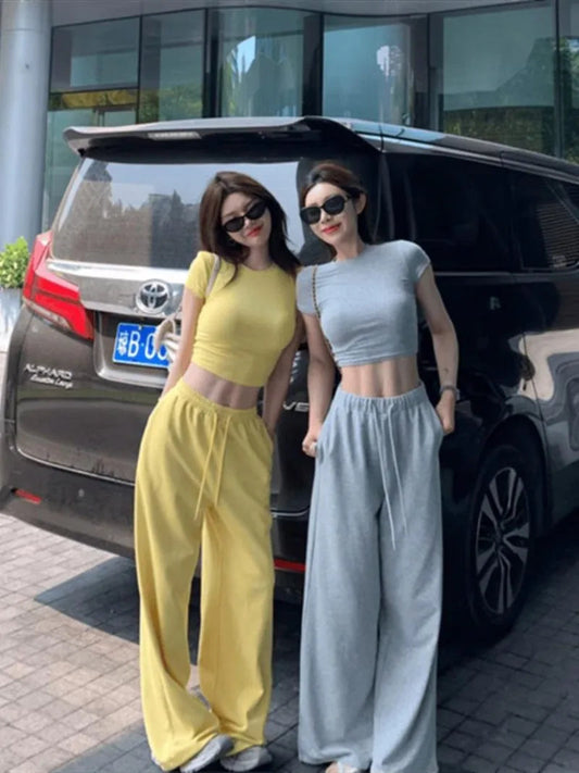 Sweet Hot Girl Casual Suit Women's Summer Slim Fit Oneck Shortsleeved Tshirt Wide Leg Long Pants Twopiece Set Female Clothes