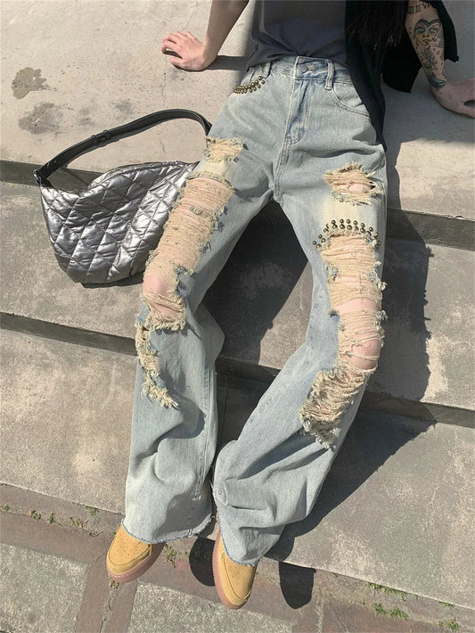 Autumn Hole Streetwear Jeans Women High Waist Straight Loose  Wide Leg Chic Slim Vintage Office Wear Daily Pants
