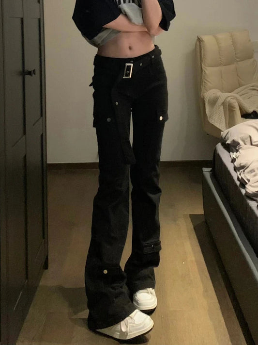 Woman Casual Stretch Jeans Low Waist Denim FloorLength Multiple Pockets Dark Academia Pants Baddie Style Japanese Fashion
