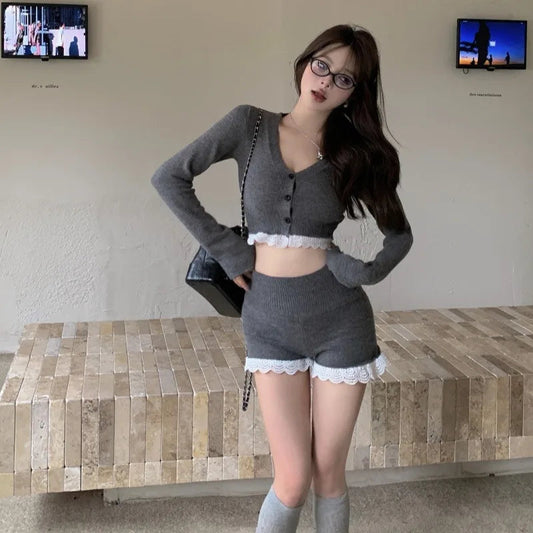 Sweet Hot Girl Casual Suit Women's Summer Longsleeved Vneck Cardigan Highwaisted Shorts Twopiece Set Fashion Female Clothes