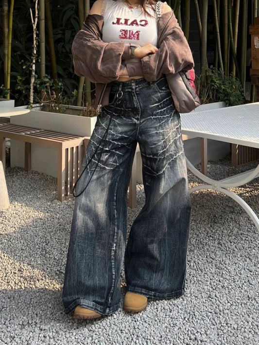 Women Y2k Baggy Vintage Jeans Harajuku Fashion Straight Do Old Wide Leg Full Length Denim Pants Hip Hop Causal Trousers