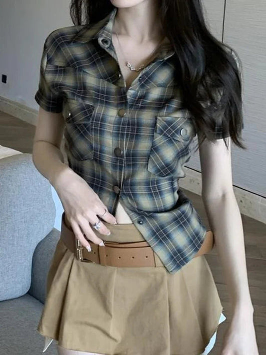 Vintage Plaid Short Sleeve Shirt Women American Retro Button Up Cardigan Blouse Female 90s Summer Sexy Cargo Slim Tops