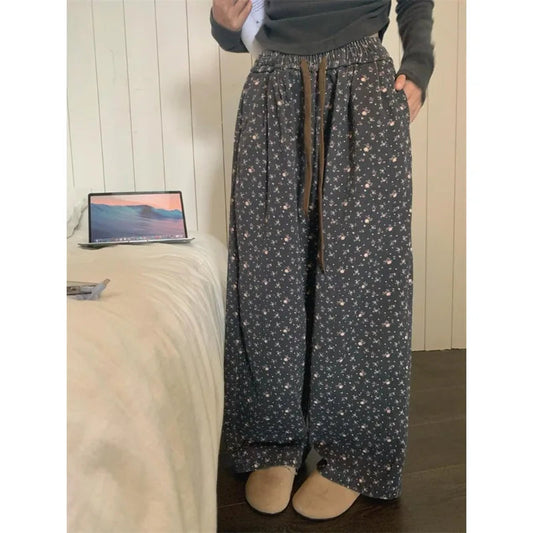 Casual Vintage Sweatpants Woman Korean Baggy Thick Flower Print Wide Leg Pants Harajuku High Waist Autumn Warm Trousers