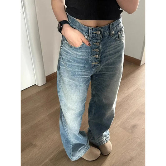 Vintage Straight Blue Jeans Woman Baggy High Waist Basic Denim Pants Korean Fashion Y2k Streetwear Wide Leg Trousers 2024