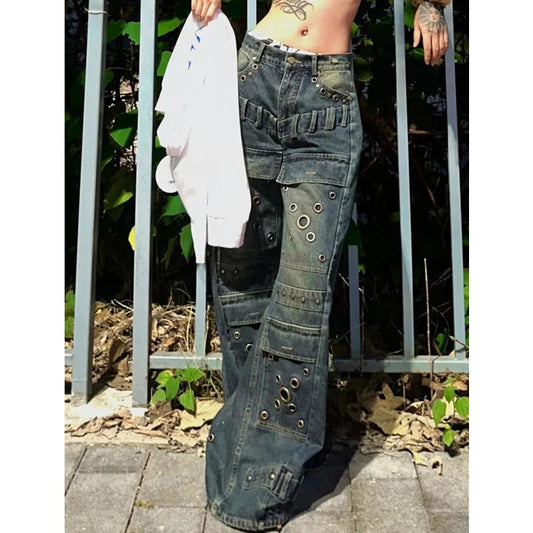 Blue High Waist Women Jeans Color Contrast Vintage American Fashion Streetwear Wide Leg Jean Female Trouser Baggy Denim Pants