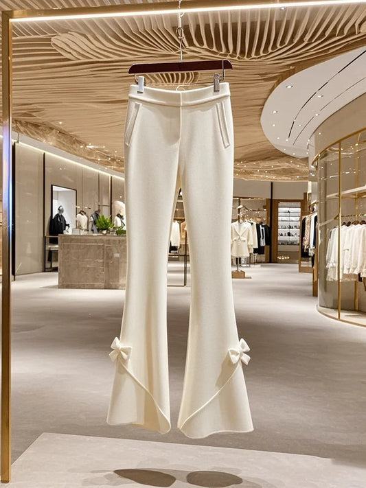 Winter Thick High Waist White Knitted Pants for Women Korean Fashion Sweet Bow Slimming Straight Tube Flare Pants Women Trousers