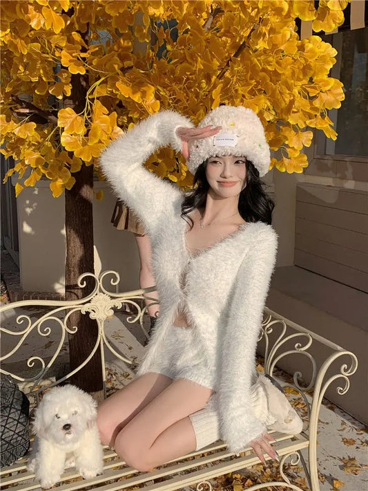 Sweet hot girl pure sexy suit women's autumn knitted cardigan high waisted slim fit shorts twopiece set fashion female clothes