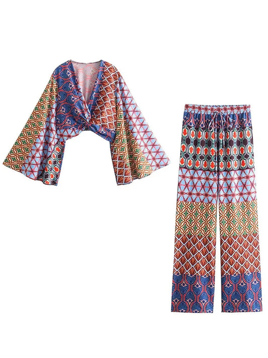 Women Boho 2 Piece Set Elegant Vneck Wide Long Sleeves Printed Crop Top Female Vintage Elastic High Waist Loose Pants