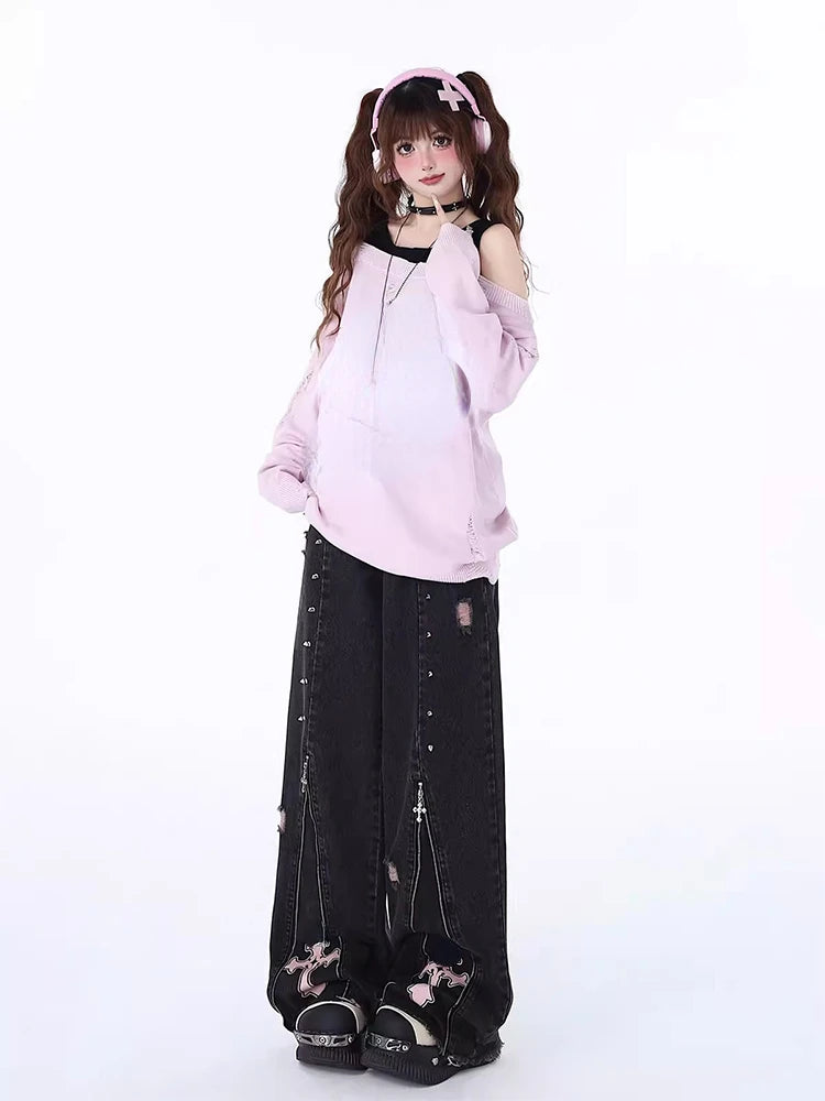 Women Black Gothic Baggy Jeans Vintage High Waist Cowboy Pants Harajuku Denim Trousers Aesthetic Y2k Emo Trashy 2000s Clothes