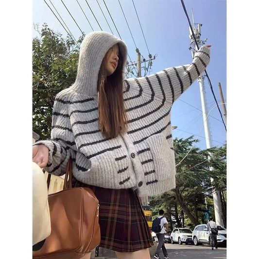 American Striped Hooded Sweater for Women Autumn and Winter New Lazy Style Thick Loose Casual Knitted Cardigans Women Clothing