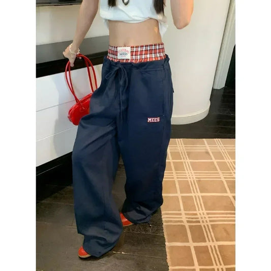 American Contrast Color Patchwork Loose Wide Leg Pants Women Autumn New High Waist Laceup Letters Embroidered Casual Pants