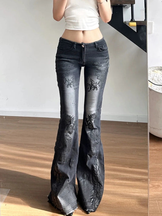 Y2K Vintage Flared Jeans Women Streetwear 2000s Floral Print Distressed Low Waist Slim Denim Pants Korean Retro Trousers