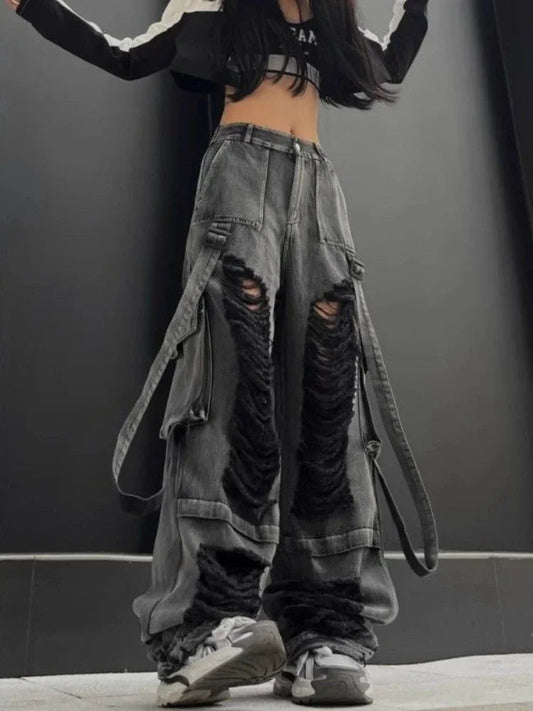 Black Ripped Jeans for Women Hip Hop Y2k Vintage Baggy Hole Do Old Wide Leg Cargo Denim Pants Streetwear Casual Bottoms
