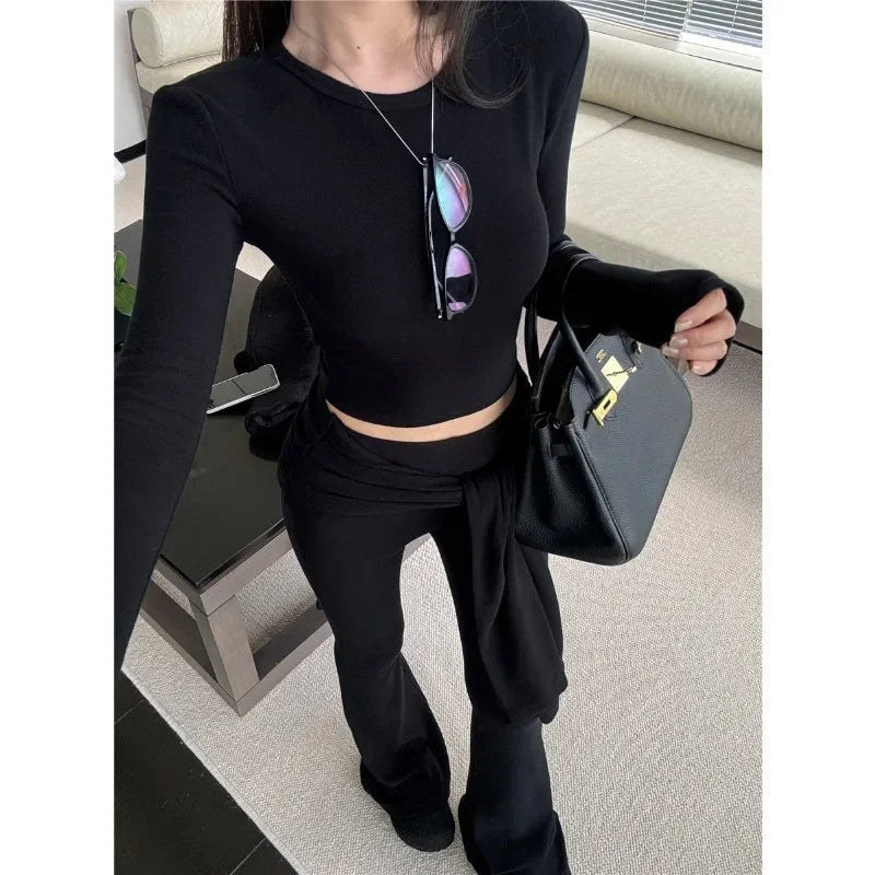 Autumn New Streetwear Laceup Solid Color Casual Wide Leg Pants Women + Sexy Slim Longsleeved Tshirt Twopiece Suit