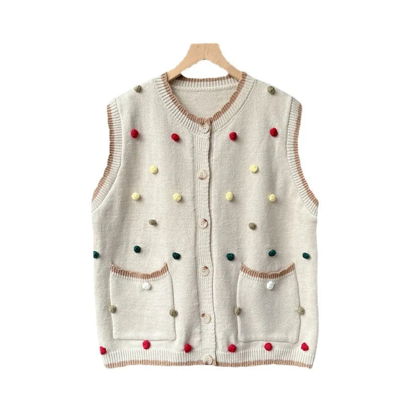 Autumn New Vintage Sweater Vest Women Chaleco Mujer Japanese Loose Cardigan Waistcoat Sweet Wave Point Knitwear Top