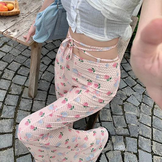 2024 Summer Vintage Korean Retro High Street Print Laceup Waist Trousers Streetwear Fashion Flare Pants