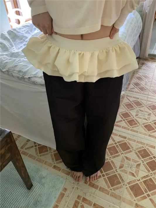Ballet Skirt Patchwork Straight Pants Women High Street Design Elastic High Waist Sweatpants Korean Style Loose Trousers
