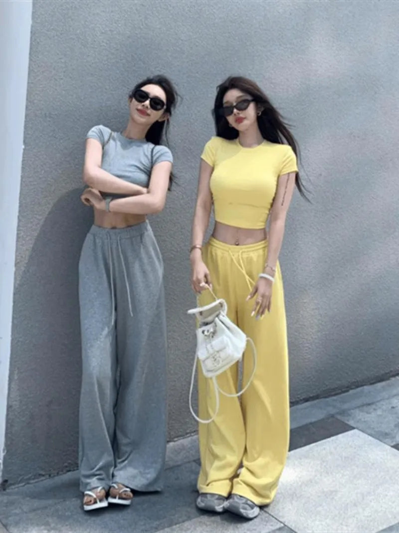 Sweet Hot Girl Casual Suit Women's Summer Slim Fit Oneck Shortsleeved Tshirt Wide Leg Long Pants Twopiece Set Female Clothes