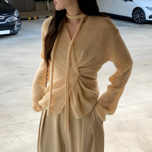 Vneck Singlebreasted Pleated Casual Longsleeved Cardigan Women Autumn New High Street Pleated Laceup Solid Color Tops