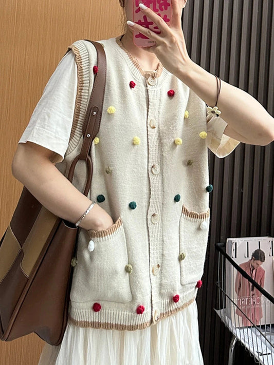 Autumn New Vintage Sweater Vest Women Chaleco Mujer Japanese Loose Cardigan Waistcoat Sweet Wave Point Knitwear Top