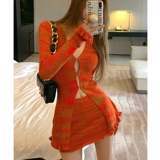 Y2k Orange Striped Suit Fungus Edge Longsleeved Knitted Cardigan Women's  Autumn Short Skirt 2piece Set