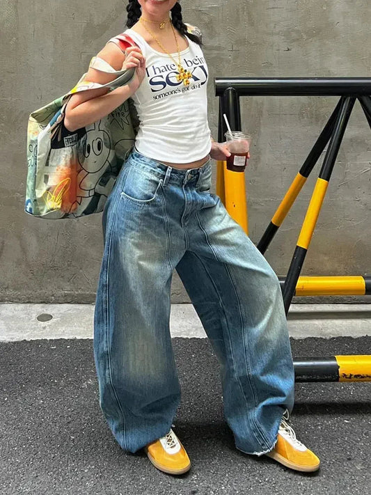 Vintage Wash Jeans Women Y2k Hip Hop Slouchy Oversize Straight Korean Style Wide Leg Denim Pants Harajuku Casual Trouser