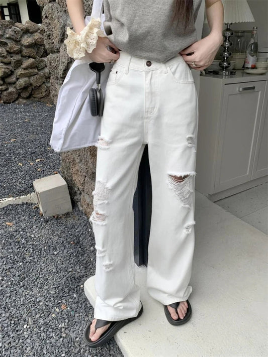 Basic White Ripped Jeans Women Jeans High Waisted Cowboy Pants Oversized Streetwear Denim Trousers Y2k Hip Hop Clothes