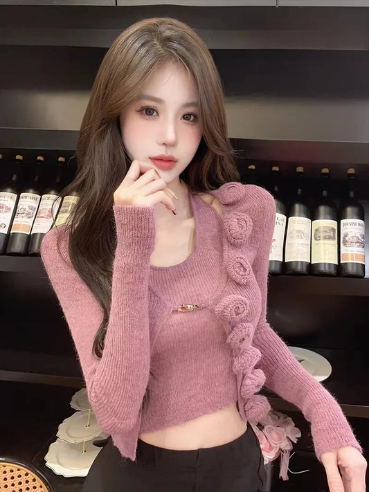 Sweet Hot Girl Pure Sexy Suit Women's Autumn and Winter Knitted Cardigan Short Slimfit Halter Vest Twopiece Set Female Clothes