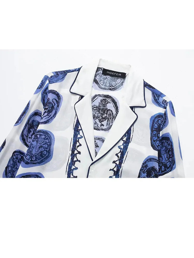 Summer Woman 2 Piece Set Boho Printed V Neck Long Sleeve Top Singlebreasted Casual Blouse Elastic High Waist Loose Pant