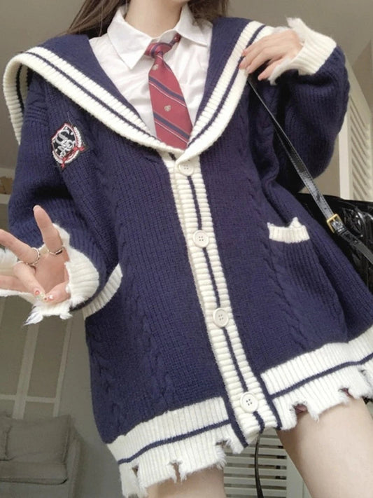 Vintage Sailor Collar Knitted Cardigan Women Oversized Preppy Style Streetwear Sweaters Coat for Women Korean Style New