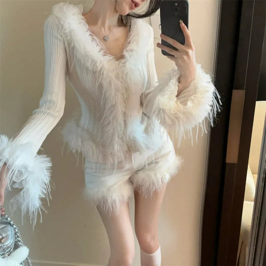 Sweet Hot Girl Pure Sexy Vneck Splicing Wooly Sweater Top women's Autumn and Winter Longsleeved Slim Cardigan Female Clothes