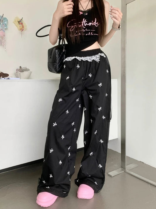Y2k Coquette Bow Embroidery Wide Leg Pants Women Korean Style Kawaii Sweet Lace Patchwork High Waist Loose Pants Y2k