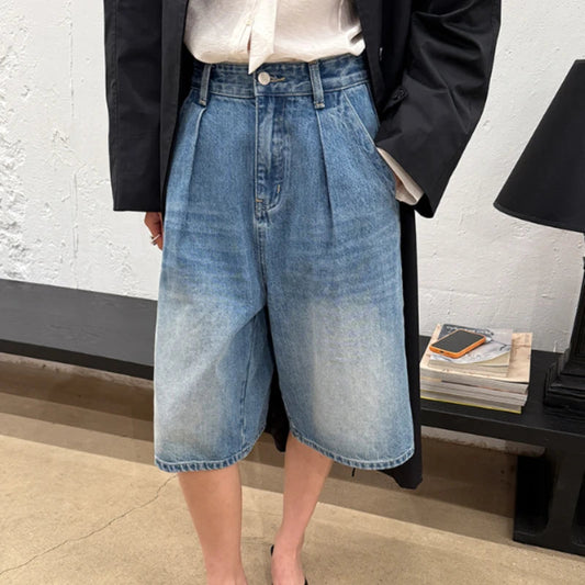 Vintage Washed Women's Denim Wide Leg Shorts Summer Loose High Waist Blue Casual Straight Half Pants Female
