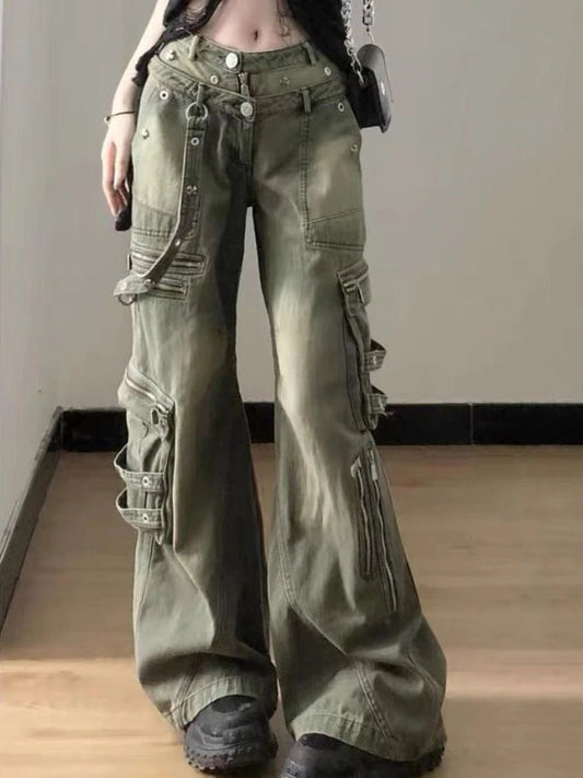 Zipper Cargo Denim Pants Women Streetwear Hip Hop Retro Loose Pockets Straight Wide Leg Jeans Y2k Causal Female Trousers