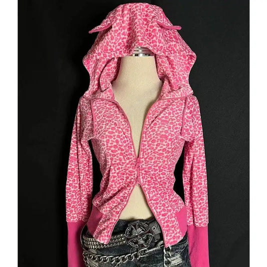 Autumn/Winter American Retro Hot Girl Plum Pink Leopard Pattern Loose Hoodie Women Top Vintage Zipper Coat Sweatshirt for Women