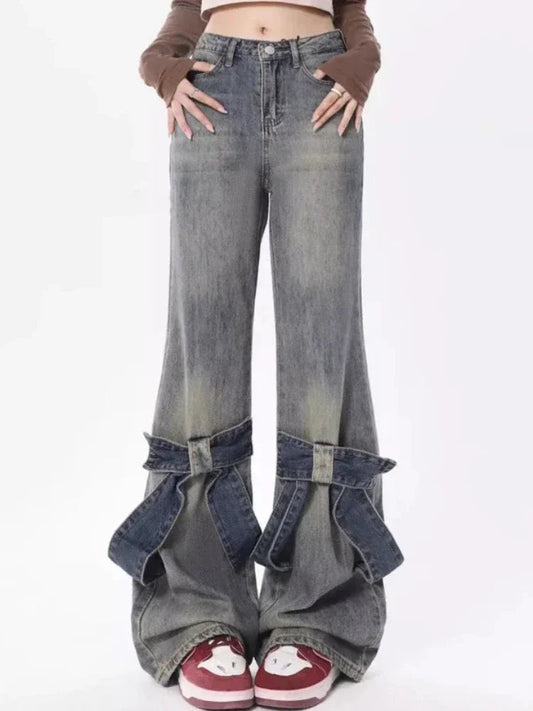 Blue Flared Jeans Women Kawaii Wide Leg Pants with Bow Korean Style Spring Fashion Cutecore High Wasit Denim Trousers
