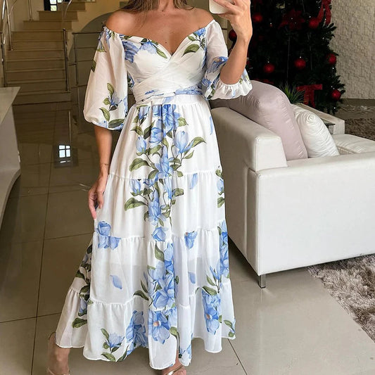 Women Chic Half Sleeve Swing Beach Long Dress 2024 Female Draped Loose Party Dress Elegant Floral Print Off Shoulder Pleat Dress