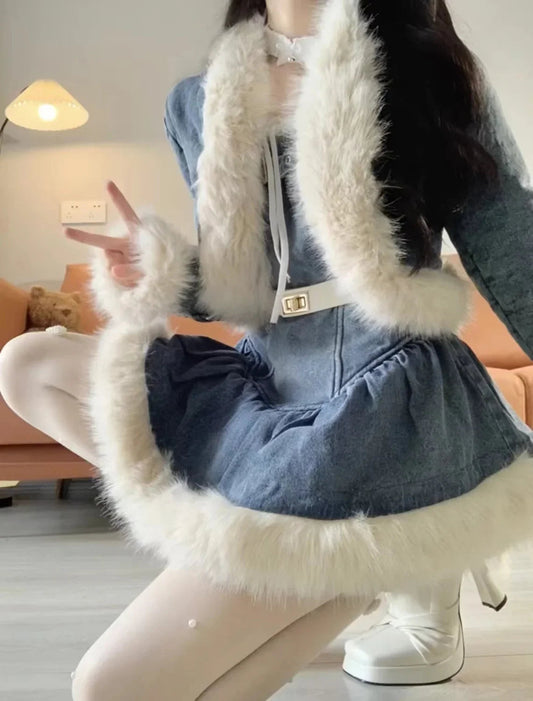 Autumn Winter Korean Temperament Sexy Patchwork Plush Denim Jacket + Slip Dress Pants Slimming Versatile 2 Pieces Set