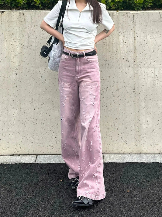 Woman Jeans Denim Pants French Elegance Baddie Gyaru High Street Ins Sweet Korean New Design Ripped Hole Solid Color Loose