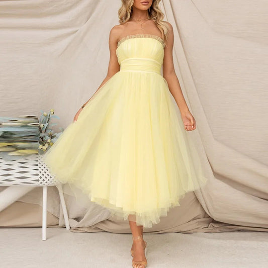 Women Fashion Bralette Mesh Long Dress Summer Elegant Hight Waist Solid Princess Dress Casual Sleeveless Party Evening Dresses