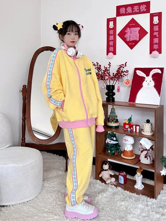 Y2k Set Women Vintage Autumn Zipper Jakcet+Joggers Pants Embroidered Letter Loose Korean 2 Pieces Sets Spring Autumn