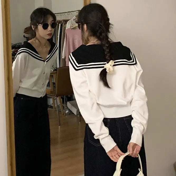 White Navy Collar Knitted Cardigan Age Reduction Women Clothing Autumn Thin Long Sleeve Sweater Korean Fashion Y2k Top